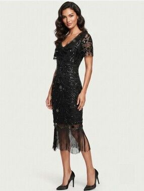 New Women's Black Beaded V-Neck Fringe Short Sleeve Cocktail Dress Large